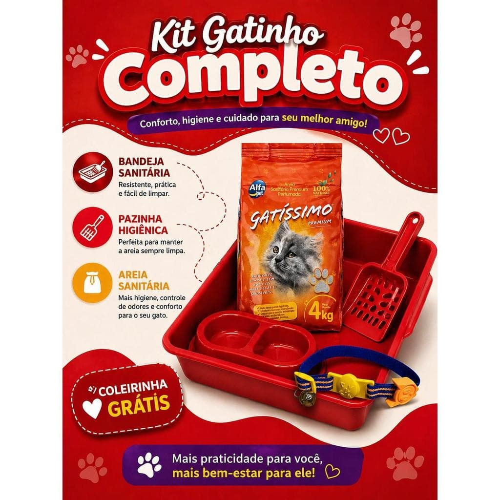 Kit Areia Para Gatos gatissimo 4Kg + Pá Higiênica +comedouro e bebedouro + Bandeja +coleira gratis