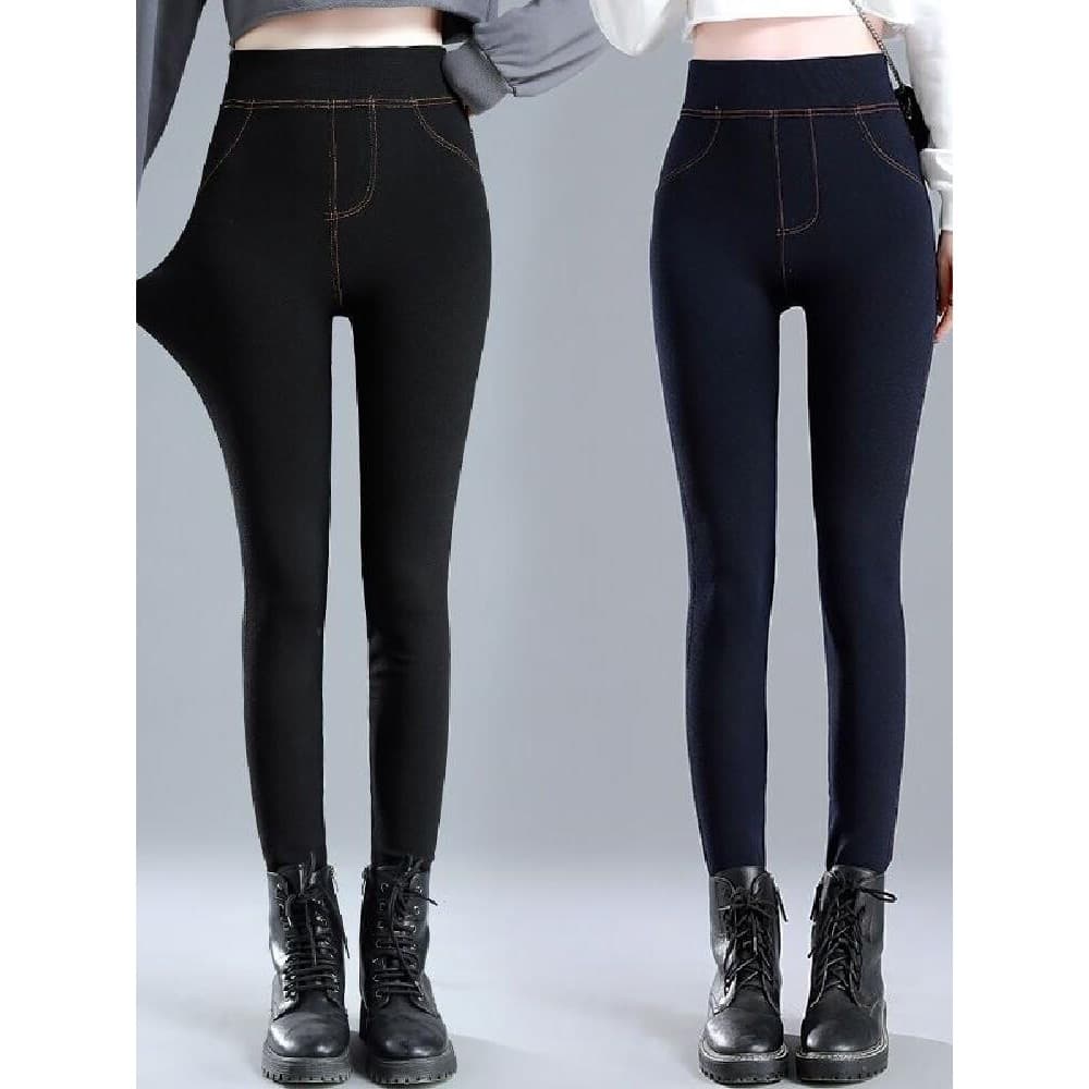 Cintura alta alta elástica estilo fino imitação Jeans feminino desgaste exterior Leggings tamanho grande mais gordura ma