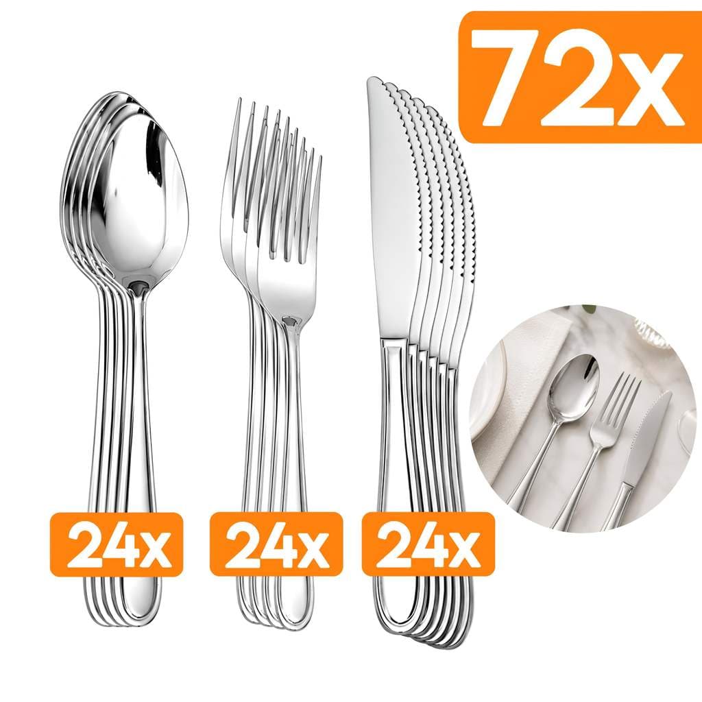 Jogo de Talhares 72 Peças Aço Inox 24 Facas c/ Serra 24 Garfos 24 Colheres de Sopa Mesa Jogo de Talheres Inox