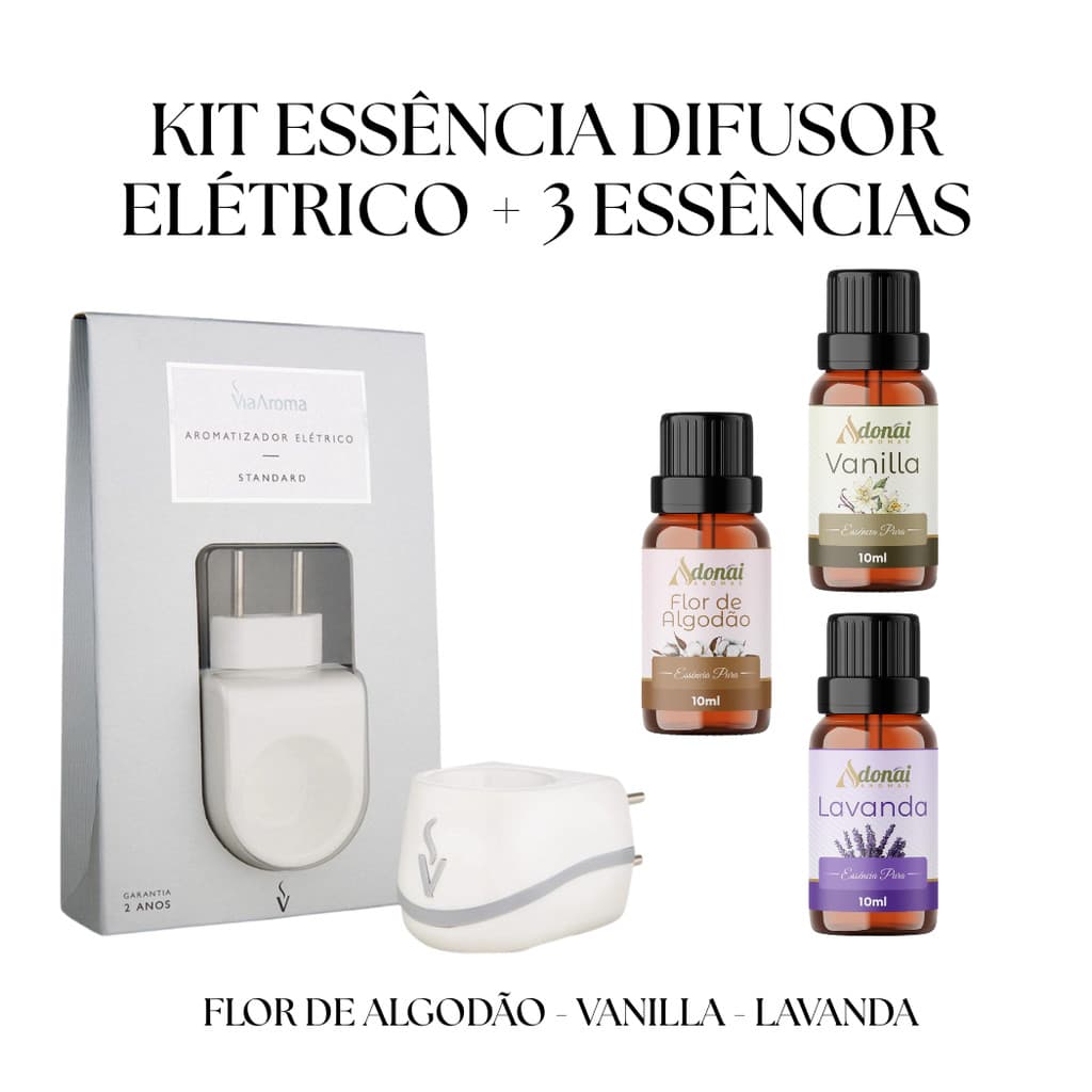 Kit Difusor Elétrico +  3 Essências Lavanda Vanilla Flor de Algodão 10ml Adonai Aromas