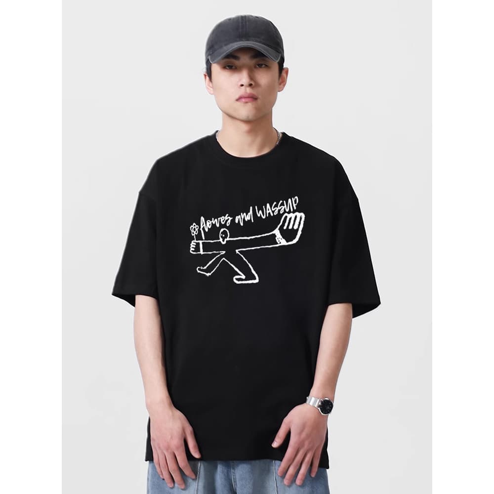 WASSUP Americano Abstrato Pesado Camiseta de Manga Curta Homens Verão 2025 Novo Estilo Street Wear Solto Casual Em Torno