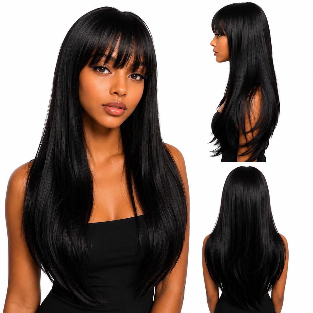 Peruca Lisa Com Franja Castanho Escuro Preto natural Linha Popular Fibra Camadas 60cm 280g TOP HAIR KAYANE-2#
