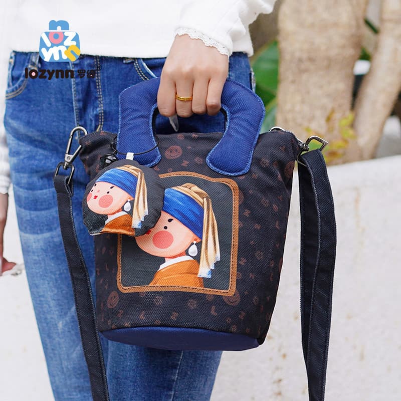 Luoq X percevejo Co-marca portátil novo estilo Cross-corpo de um ombro zíper bolsa ferradura balde saco cheio algodão in