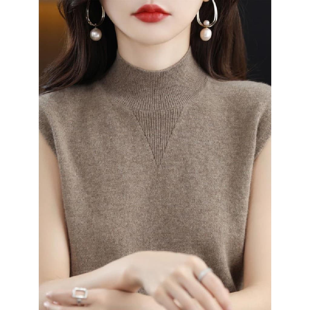 Meia gola alta colete camisola feminina novo estilo interior sem mangas camiseta cor sólida simples pulôver de malha cam