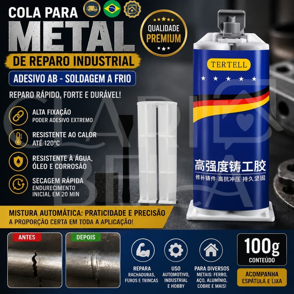 Cola Reparadora para Metal AB 100g | Soldagem a Frio Industrial | Alta Resistência ao Calor e Fixação