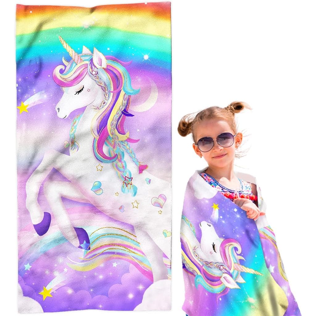 Unicorn Beach Towel, Unicorn Towel for Girls, Rainbow Microfiber Beach Towels for Kids Women 30" x 60", Purple Pink Sand