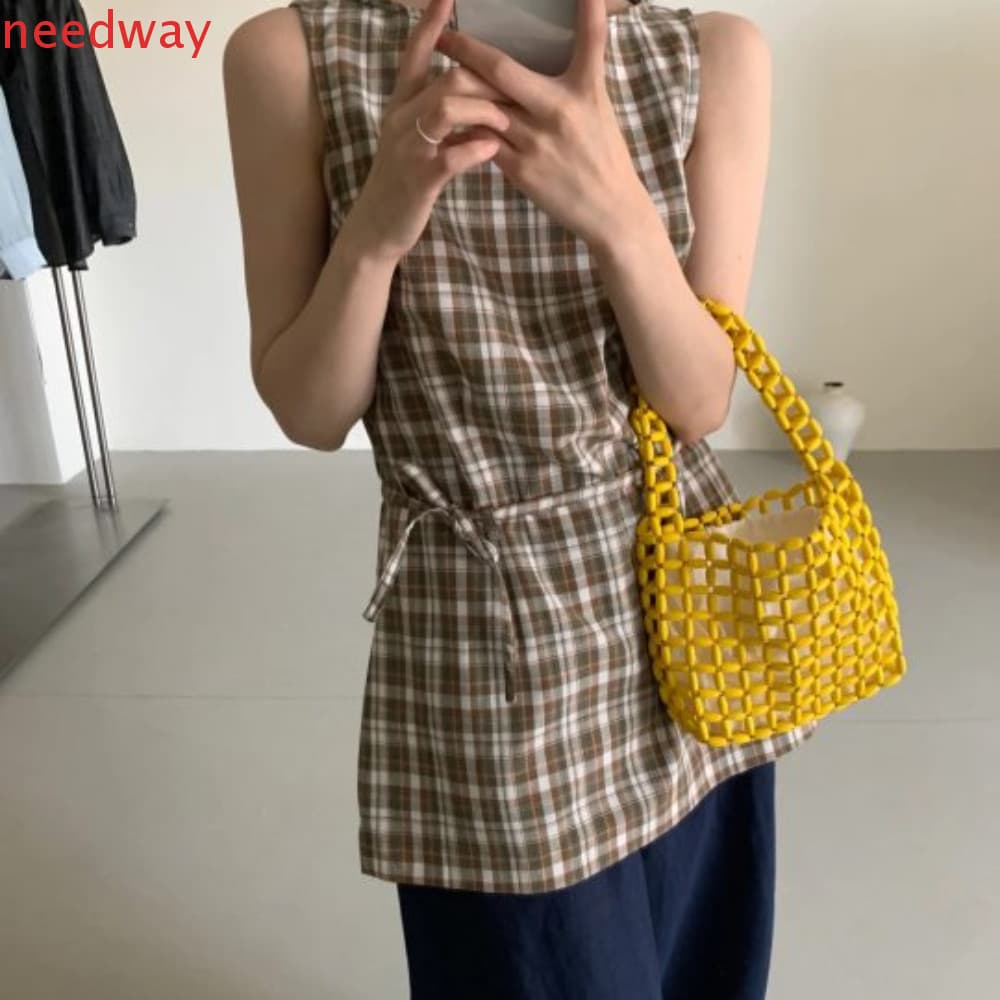 NEEDWAYB Bolsa De Tecido Com Miçangas , Oca Feita À Mão De Cor Pura , Moda Vintage Boho Chique Aberta Verão