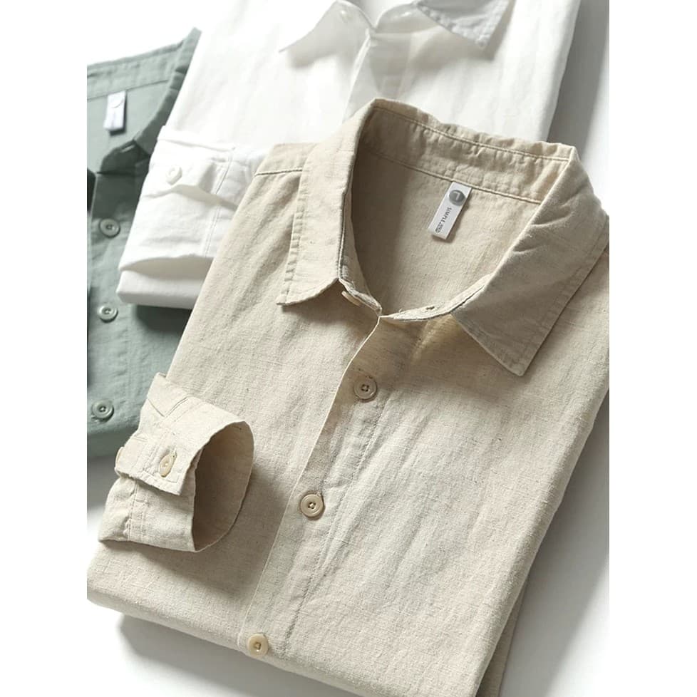 Camisa de trabalho de linho de algodão de produtos europeus masculina estilo fino respirável fino ajuste enrugado de man