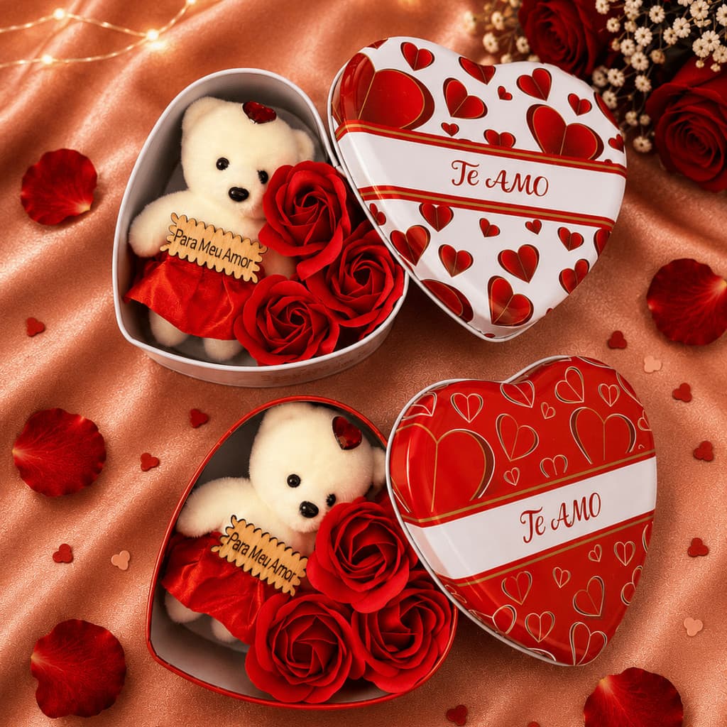 Caixa De Presente Coração Com Urso Ursinho E Rosas Presente Namorada Esposa Amiga Mãe