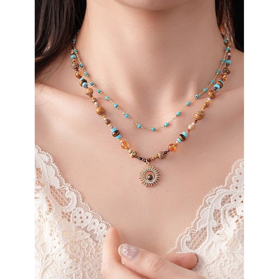 Estilo étnico boêmio empilhado colar feminino Retro sol pingente clavícula colar colorido frisado acessórios de decoraçã
