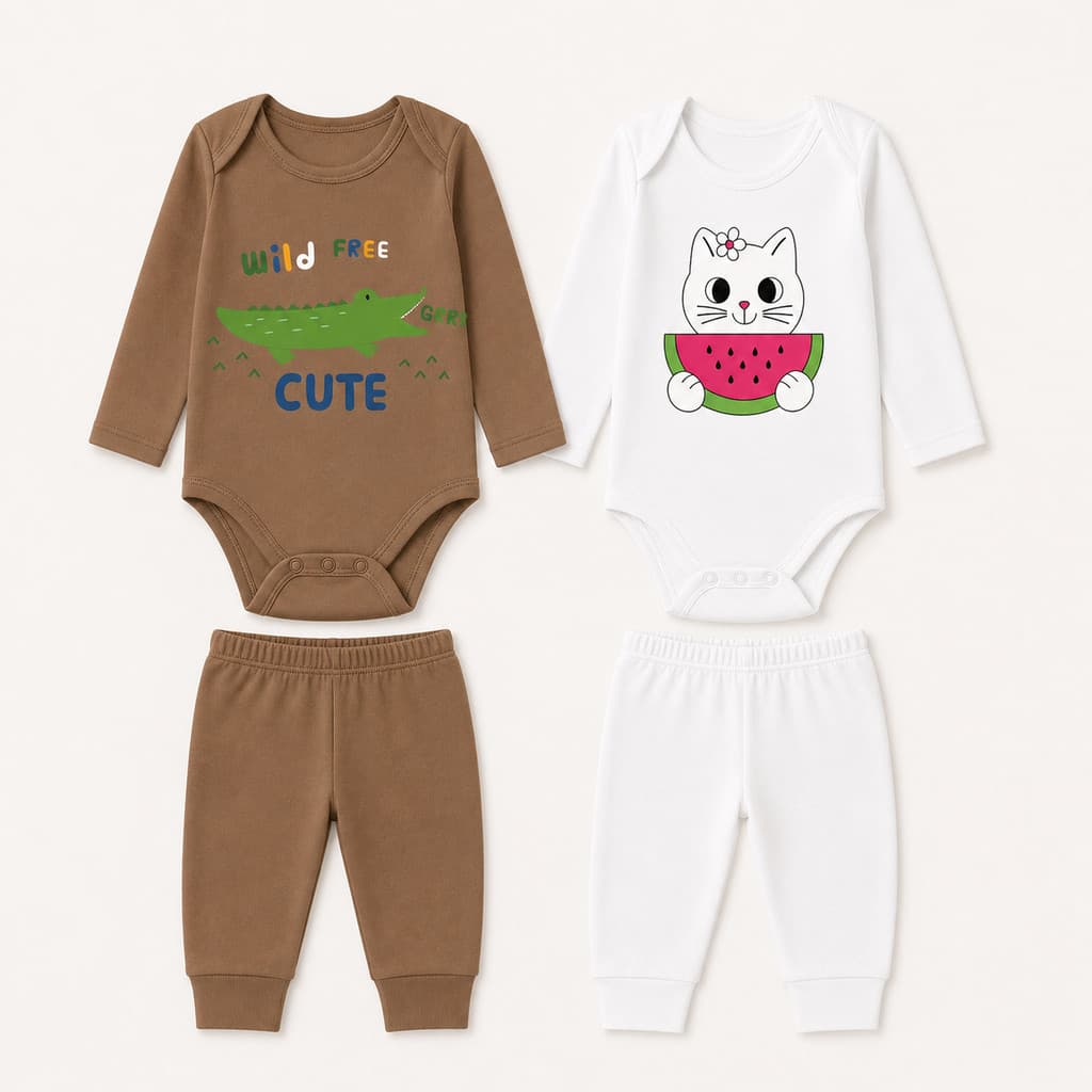 Kit 4 Peças Roupas de Bebê Inverno 2 Body Manga Longa + 2 Calças Mijão Algodão Infantil