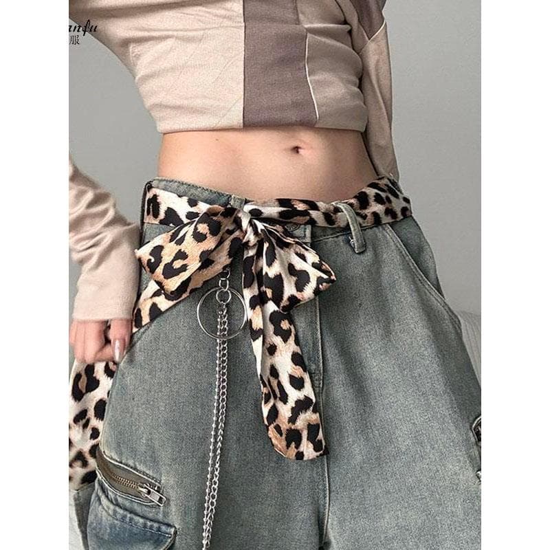 Cinto feminino leopardo impressão Retro estreito longo listrado cachecol bandana lenço de seda gravata cabelo combinando