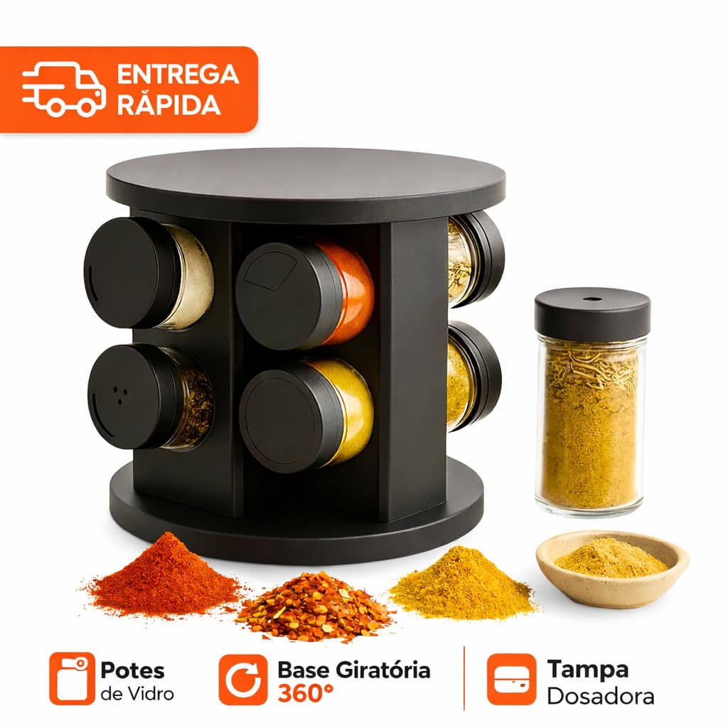 Porta Temperos Giratório 6 Potes Vidro Com Tampa Dosadora