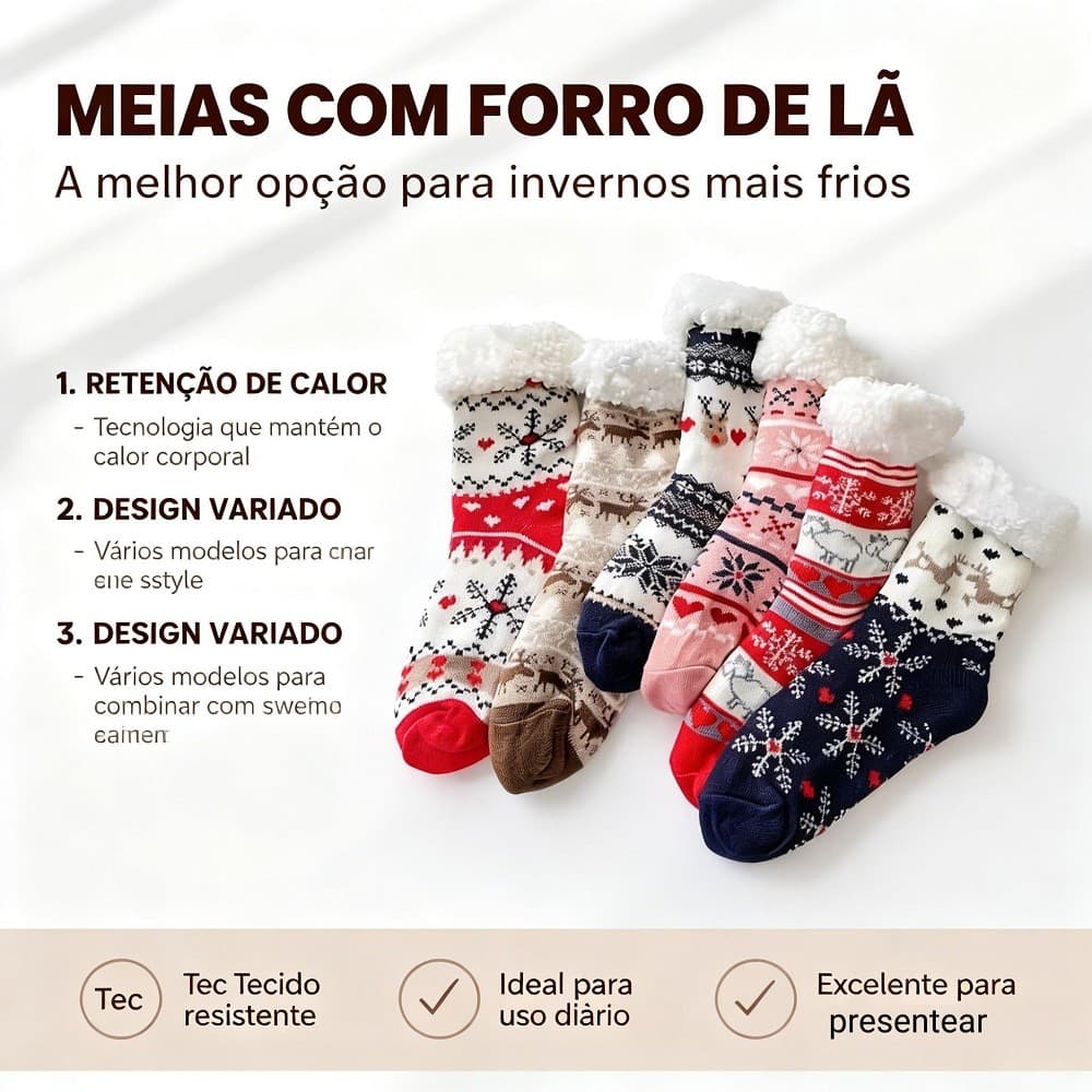Meia Térmica de Lã Grossa Forrada Quentinha Sola Antiderrapante confortável para Juvenil e Adulto uso diário no inverno