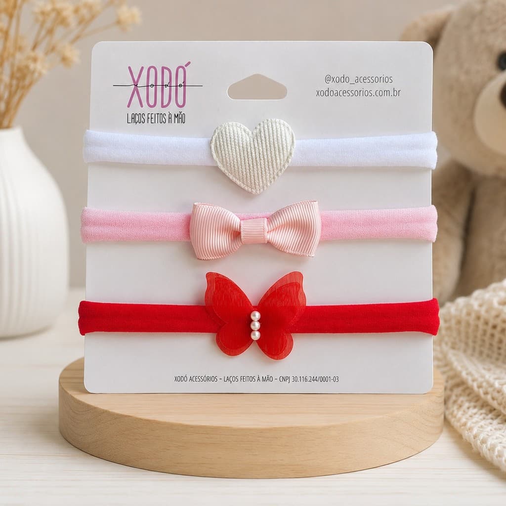 Kit 3 Faixas Bebê tiaras de meia de seda Coração Branco Gravatinha Rosa Borboleta Vermelha