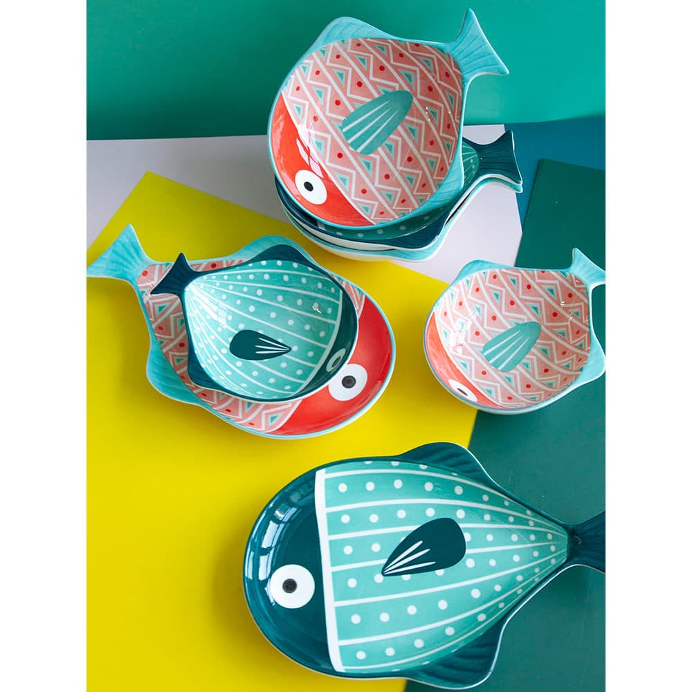 Estilo japonês quatro estações cerâmica Underglaze cor talheres tigela em forma de peixe tigela de arroz prato em format