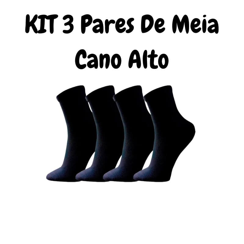Kit 3 Pares Meia Cano Alto Preta Masculina Feminina Sport Academia Algodão