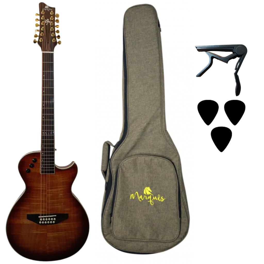 Kit Violão Aço 12 Cordas Elétrico Flat Marquês Capo Palhetas