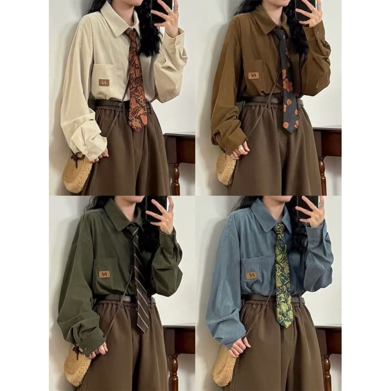 UATONLINE Americano Retro Solto All-Match Estilo Preppy Casual Bottoming Camisa de Manga Comprida Top Homens Mulheres Ca
