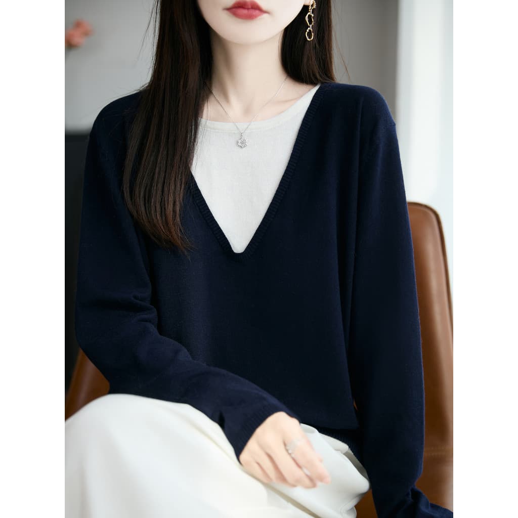 Atmosfera início do outono novo estilo falso camisola de duas peças feminino outono inverno solto High-End preguiçoso es