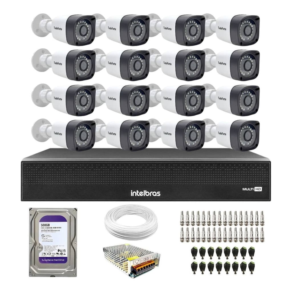 Kit 16 Câmeras Segurança Full HD DVR Intelbras 16 Canais Com HD Completo
