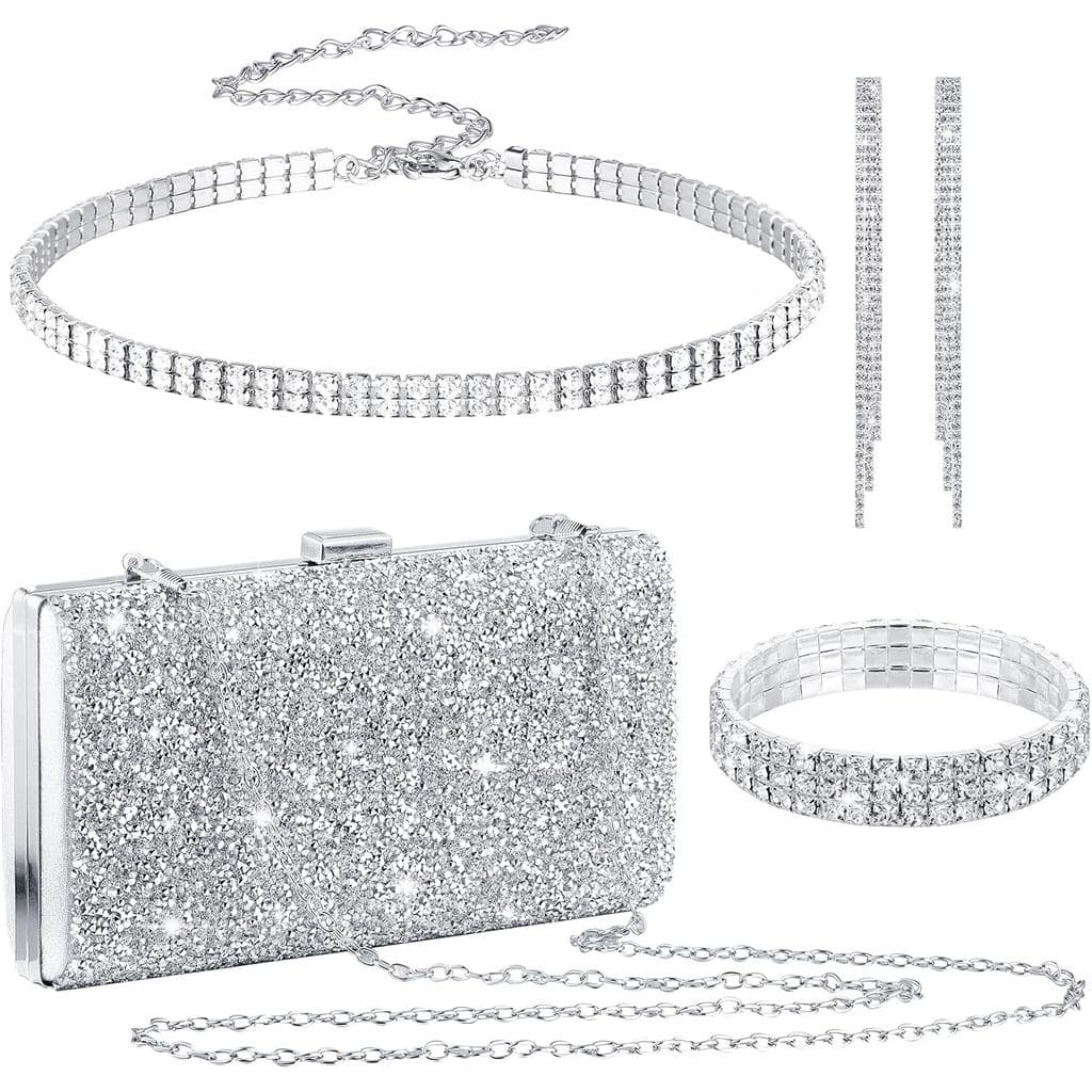 Kigeli 4 Peças Femininas Strass Noite Bolsa De Embreagem Bling Brinco Colar Pulseira Para Formatura De Casamento Baile