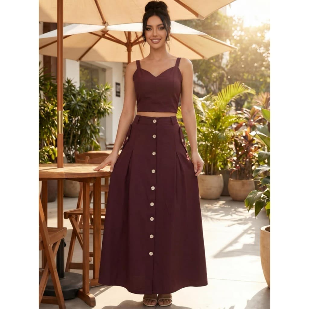 Conjunto Saia Longa Com Bolso  Com Botões Elegância Em Seu Dia A Dia P M G