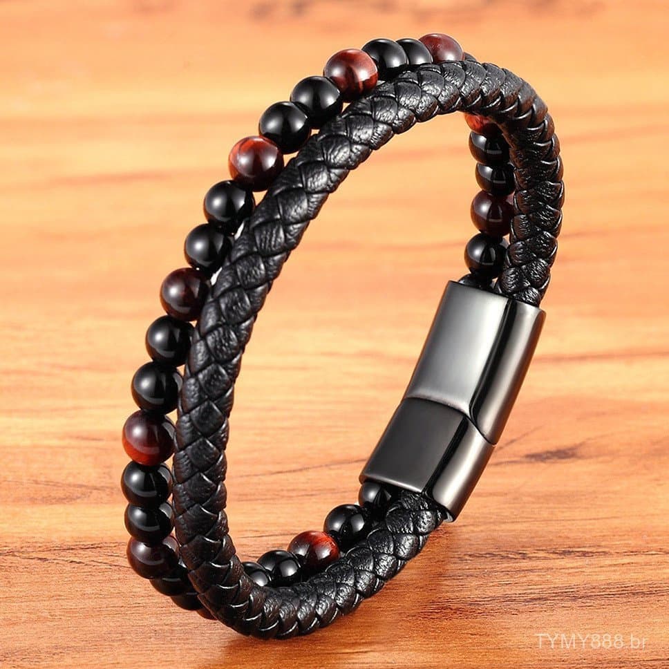 Pulseira de couro masculina estilo clássico DIY com contas, fecho de aço inoxidável preto, adequada para homens.