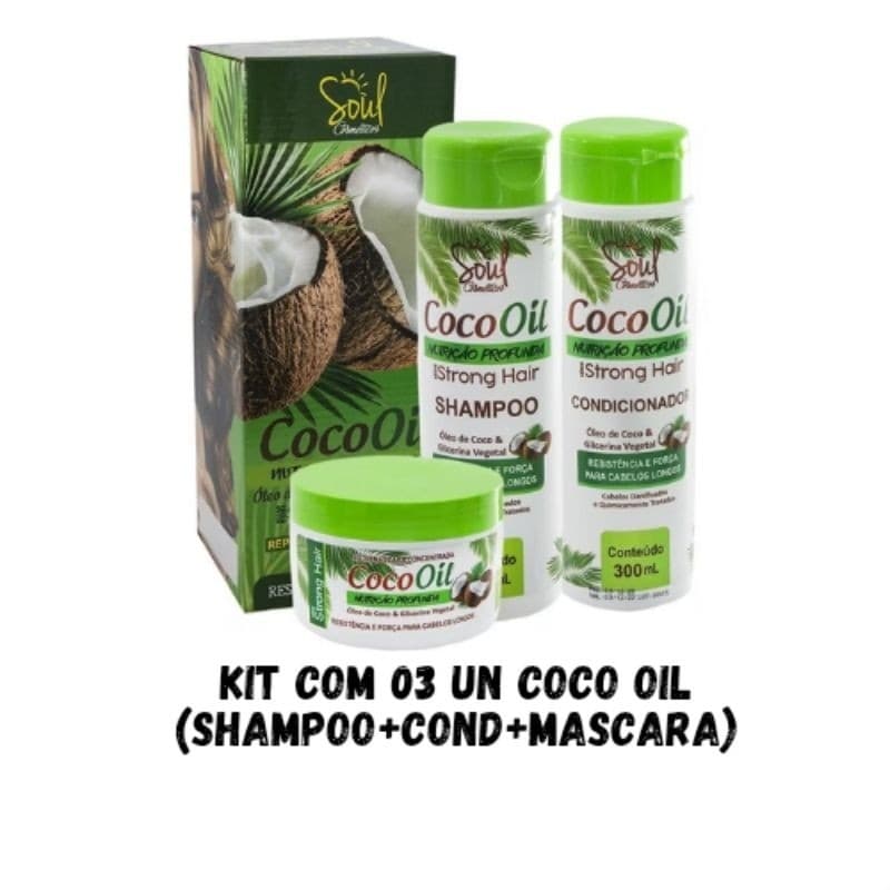 Kit 03 UN de Shampoo 300ml + Condicionador 300ml + Máscara 250g Coco Oil Soul Cosméticos