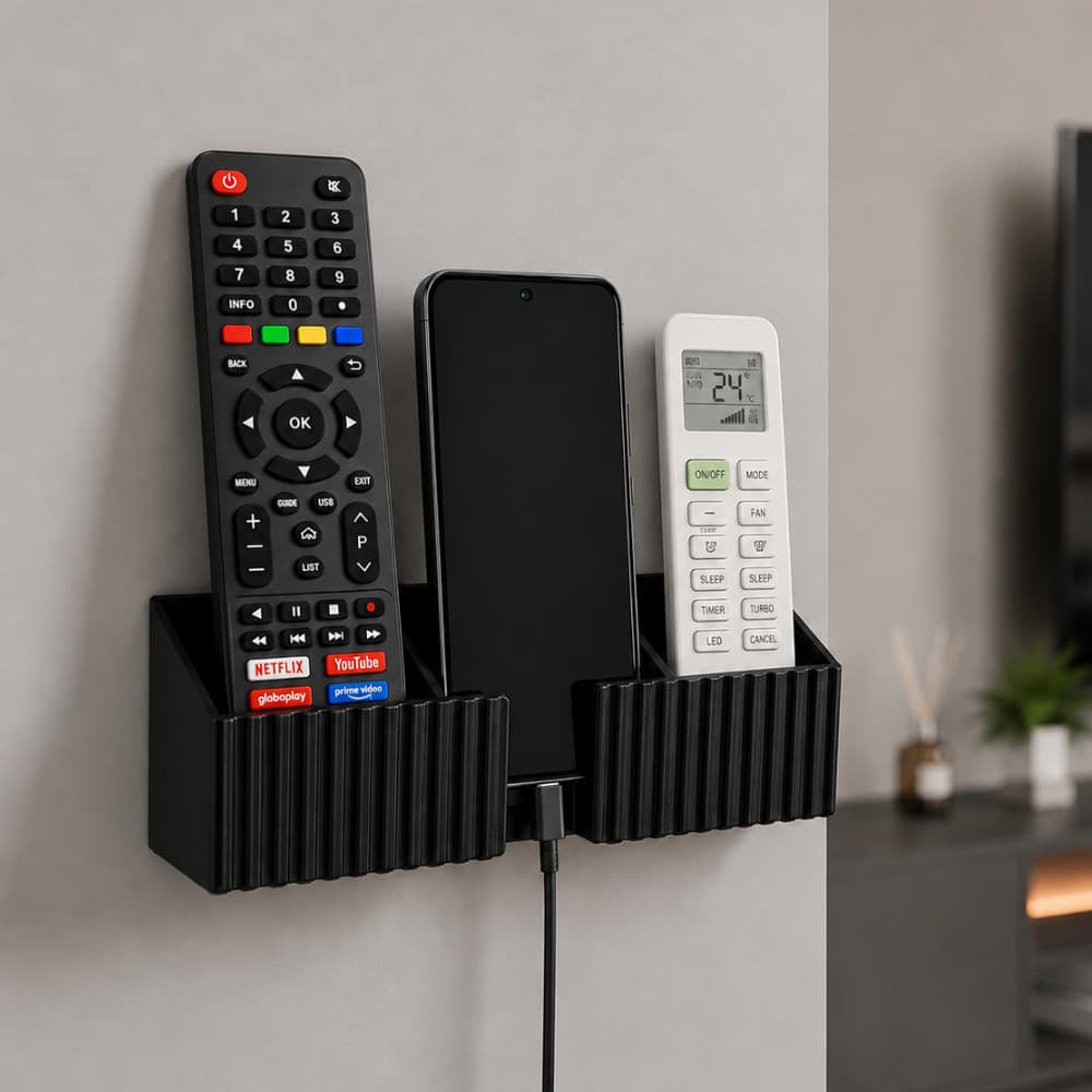 Suporte De Parede Porta 2 Controles + Celular Compacto - Organizador Controle Tv Ar Ventilador - Dupla Face