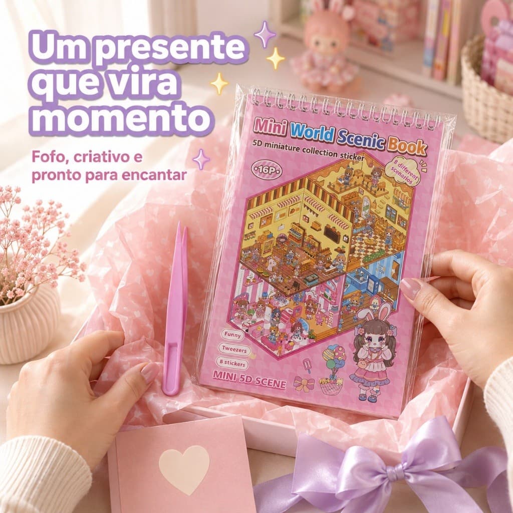 Livro Mini Cenário - Cartela de Adesivo 8 Cenários adesivos divertidos e pinças,  Fofo paisagem Kawaii
