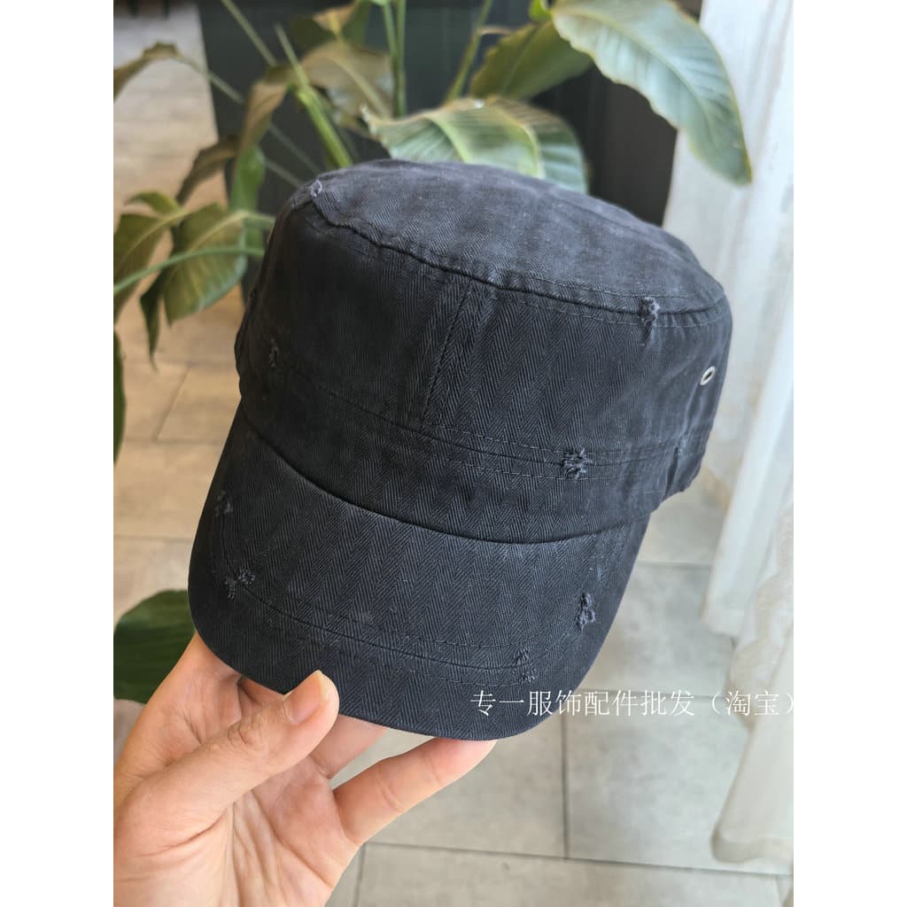 Simples preto plana chapéu unissex quatro estações protetor solar chapéu de sol pequeno desgastado rasgado algodão pico