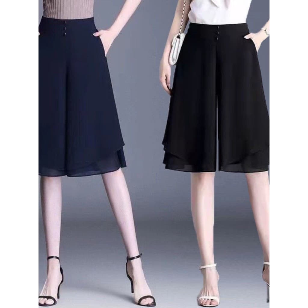 2025 verão novo estilo senhoras Culottes Drape estilo fino Chiffon perna larga Casual Hakama cintura alta mais magro olh