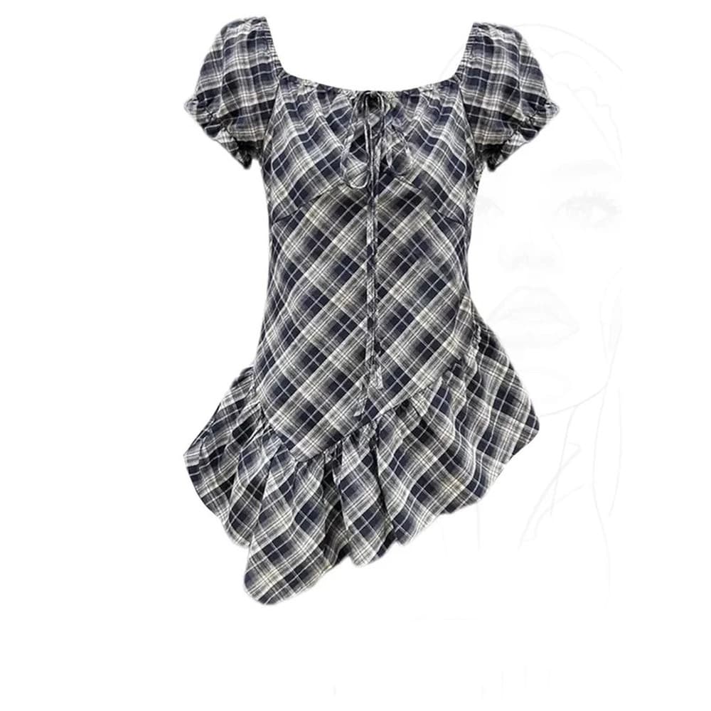 Francês Retro quadrado pescoço manga Puff camisa xadrez feminina verão novo estilo bainha Irregular magro-ajuste mais ma