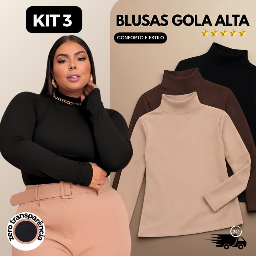 Kit 3 Blusas Feminina Plus Size Cacharrel Gola Alta Segunda Pele Manga Longa