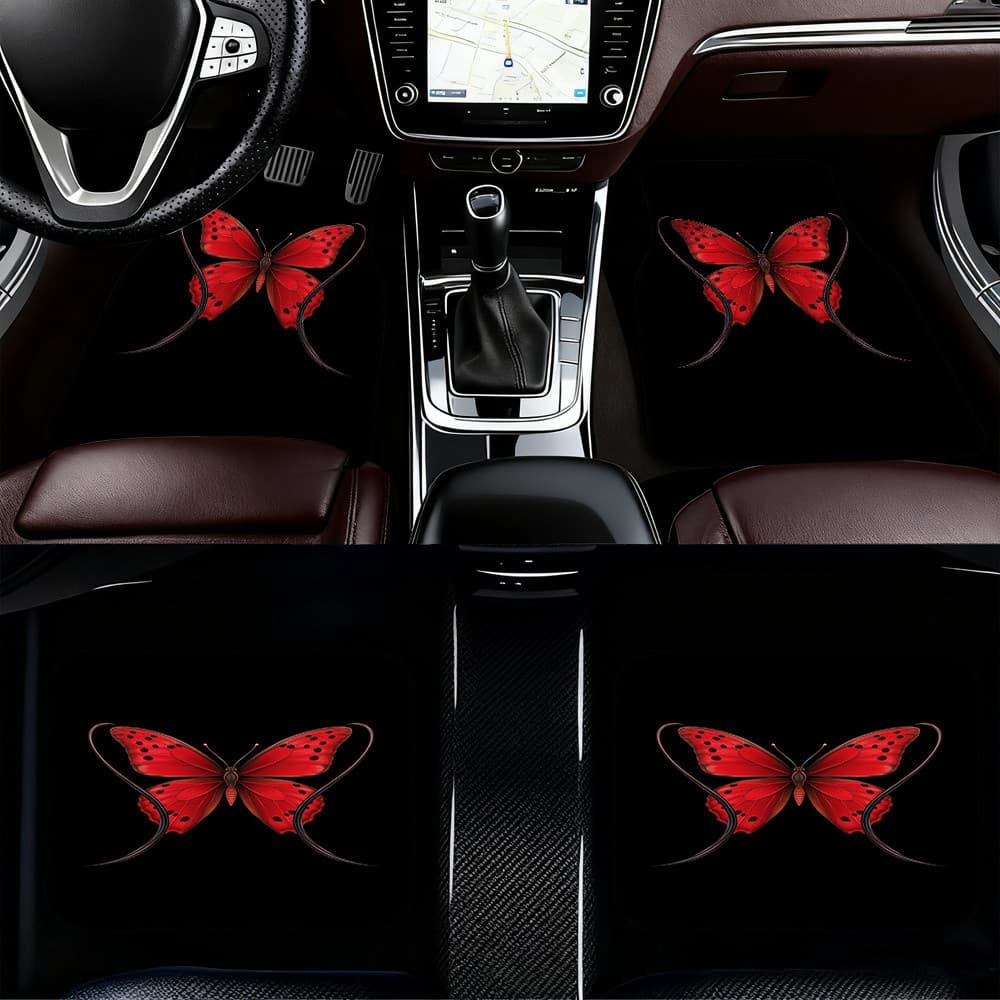Um conjunto de 4 tapetes para pés de carro, usando Designs abstratos de borboleta vermelha, projetados para carros e SUV