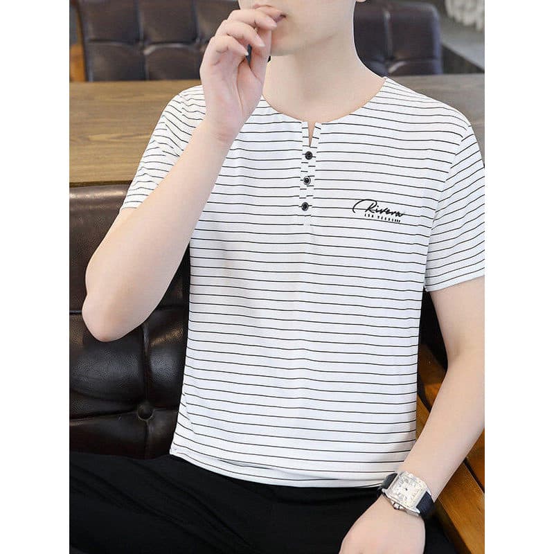 2025 novo estilo três botões de seda gelo manga curta camiseta verão moda masculina Casual All-Match fino topo