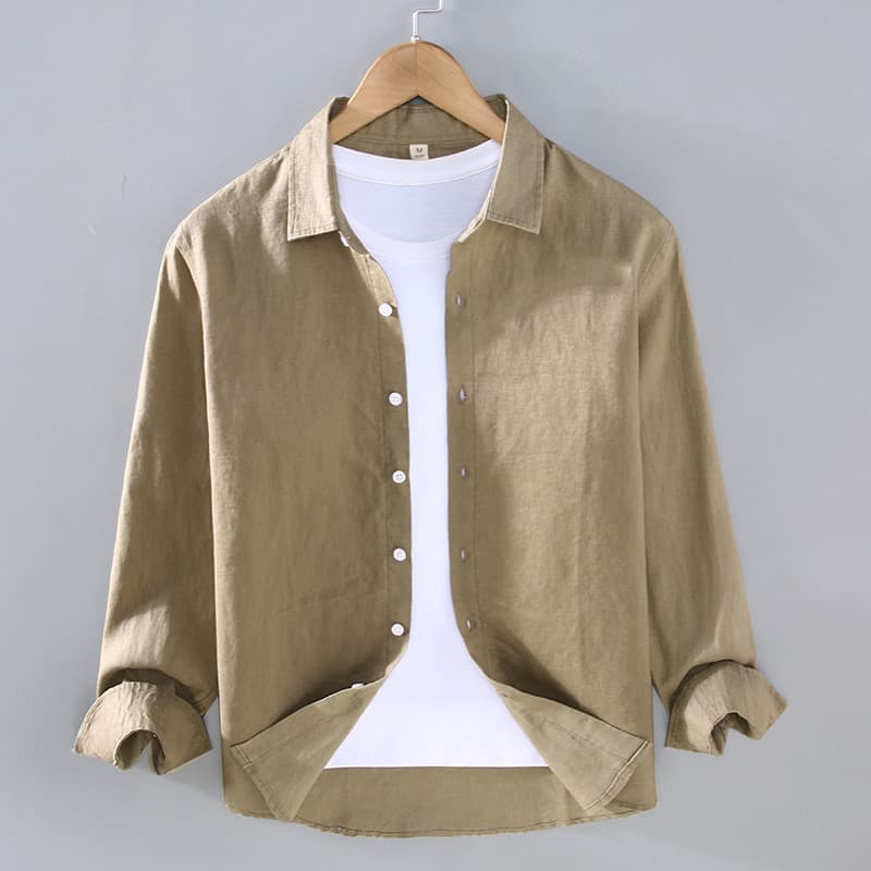 High-End camisa de linho puro masculina primavera outono verão Casual solto tamanho grande lapela camisa de manga compri