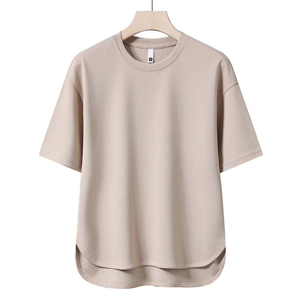 Camiseta masculina de manga curta de seda gelo verão Street Wear bainha curvada solta simples meia manga masculina Casua