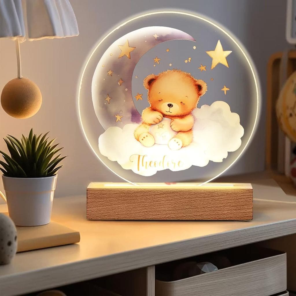 Luminária Noturna Personalizada de Acrílico Inquebrável com Nome, Decoração para Quarto de Bebê, Tema Estrelas, Nuvens,