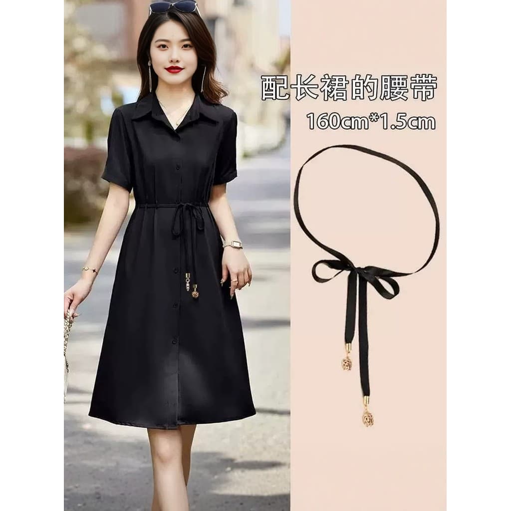 Com cinto de saia de verão preto decorativo seda amoreira vestido de seda cintura estreita magro longo lenço de seda cor