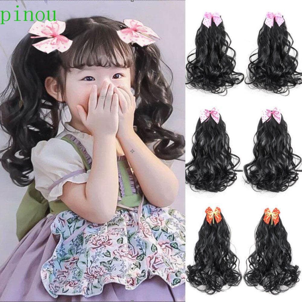 PINOU 2 Peças Peruca De Rabo De Cavalo Encaracolado Infantil , Extensões De Cabelo De Decoração Arcos Nó , Chapéu