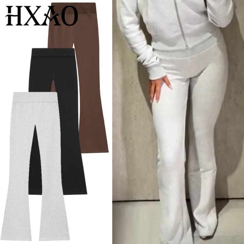 Calças Flare de Fleece HXAO para Mulheres, Calças Cinza e Marrom para Mulher, Calças Flare Elegantes de Cintura Alta, Ca