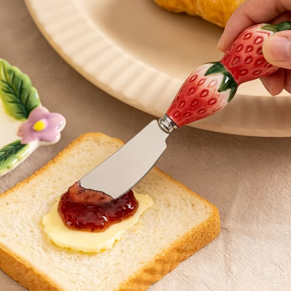 Espalhador de Manteiga de Aço Inoxidável com Cabo de Cerâmica em Forma de Morango para Pão, Torradas, Manteiga, Geleia,