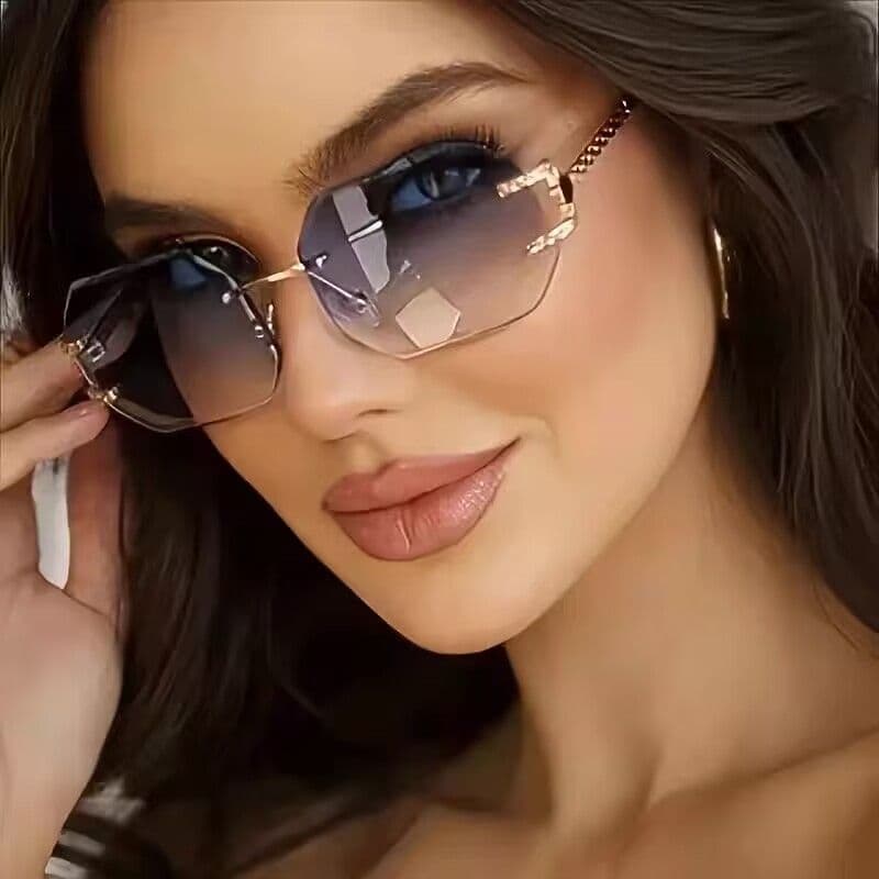 Óculos De Sol Feminino metal retro Poligonal Sem Moldura Corte Borda UV400