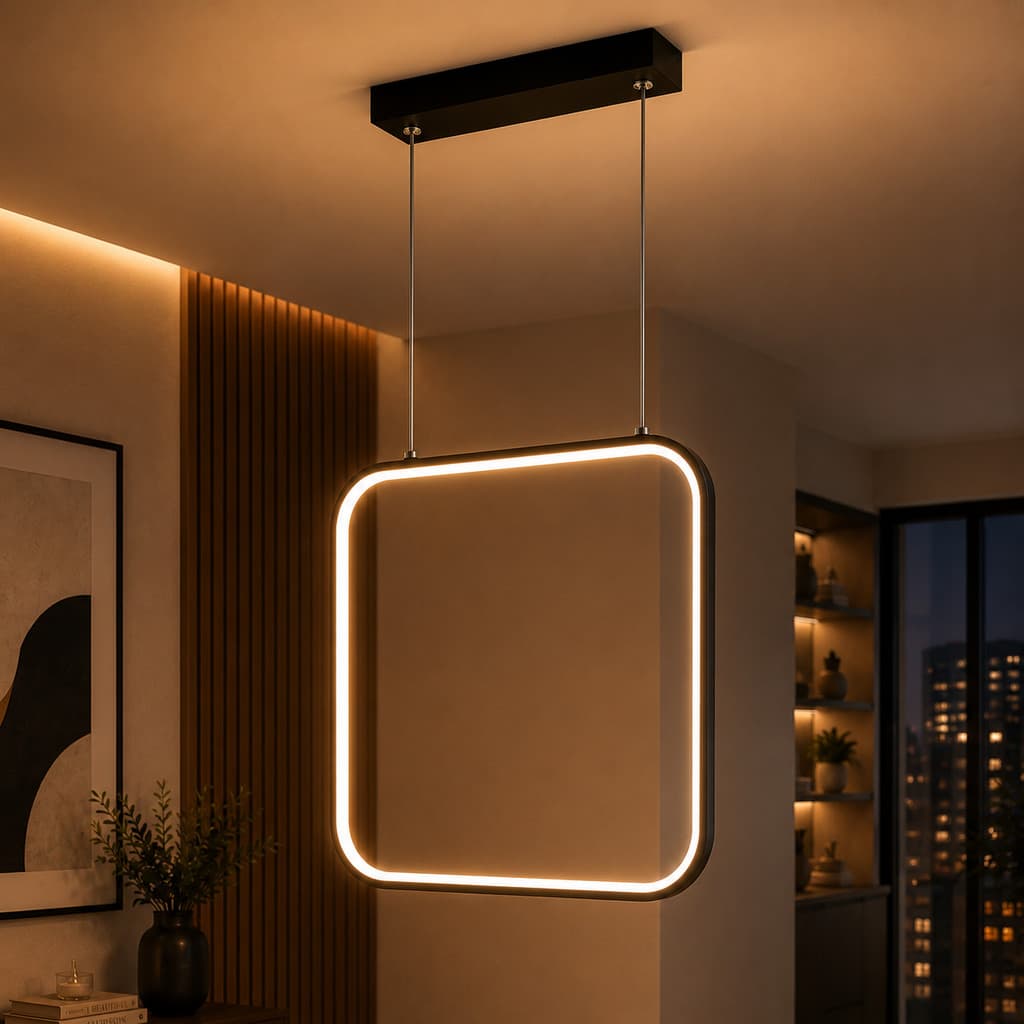 Lustre Pendente LED Quadrado Anel Preto 3000K Branco Quente Luminária De Teto Sala Paylow
