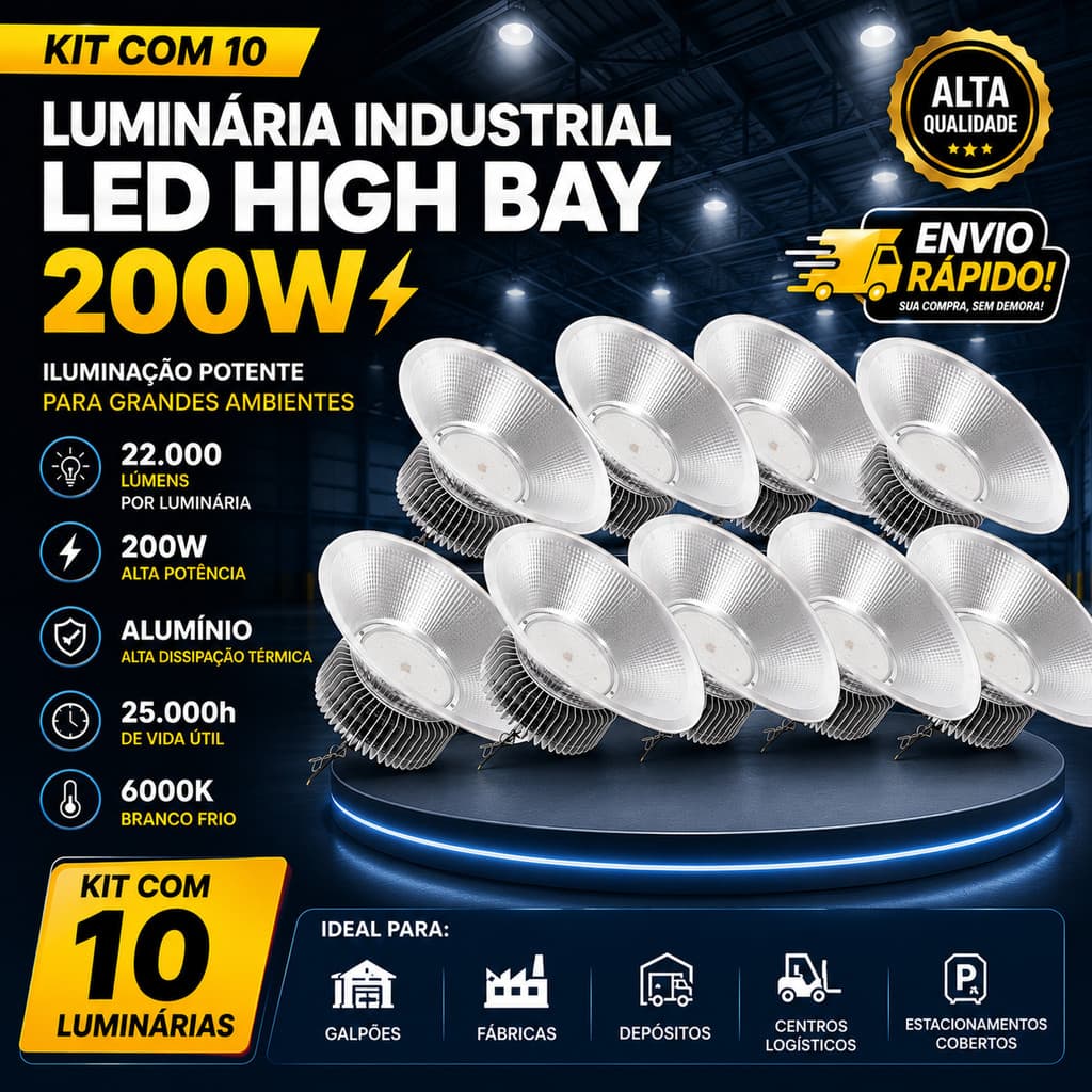 Kit 10 Luminária Industrial LED 200W High Bay Potente Galpão Fábrica Atacado Bivolt Paylow