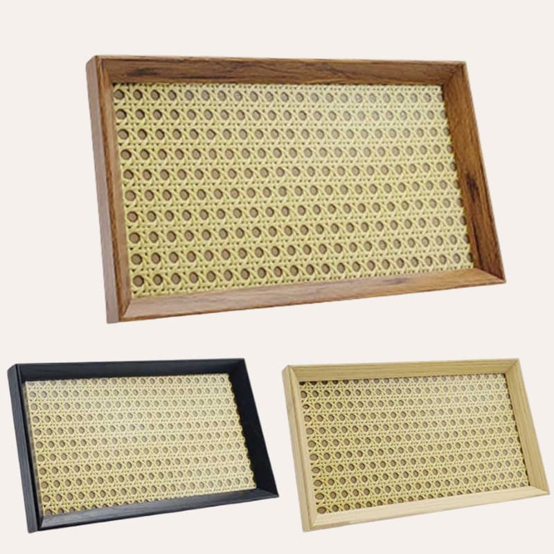 Bandeja Decorativa Grande 26x38 Palha Indiana Com Vidro Organizadora Retangular Moderna Boho Luxo