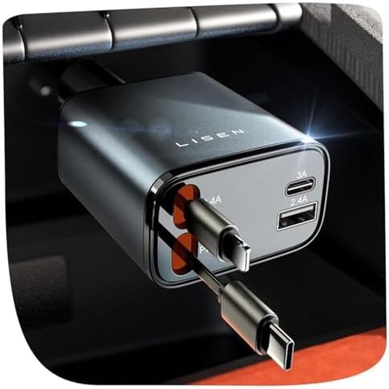 Carregador De Carro Retrátil LISEN 4 Em 1 Para Carros , USB C De 69 W Com Cabo De 31.5 Pol . , Carregamento Rápido iPhon