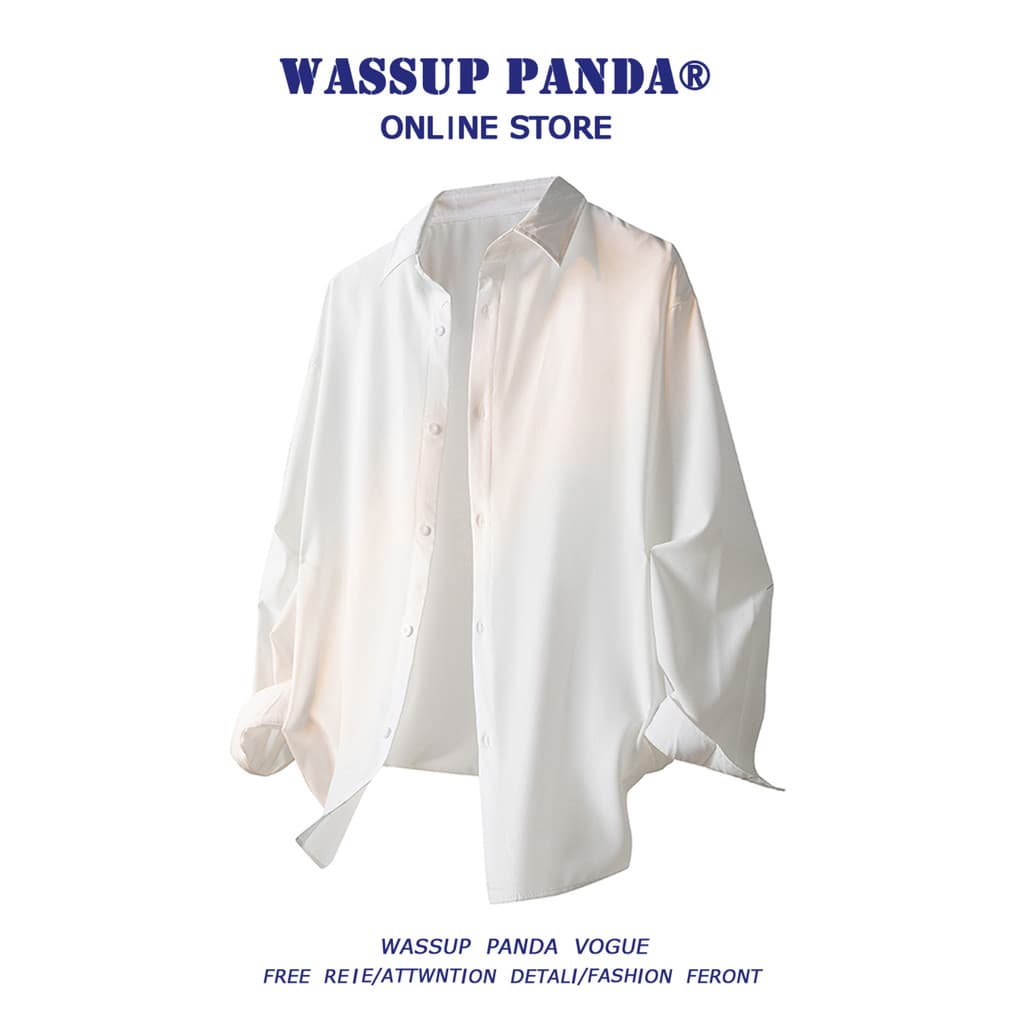 WASSUP PANDA Ice Silk Drape Branco Camisa de manga comprida masculina primavera verão na moda All-Match camisa de alta q